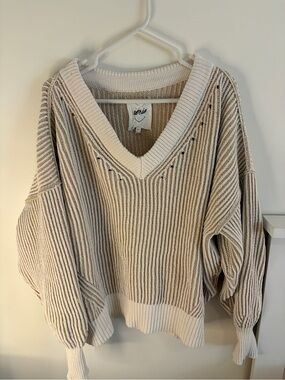 aerie Neutral Two-Tone Ribbed V-Neck Sweater